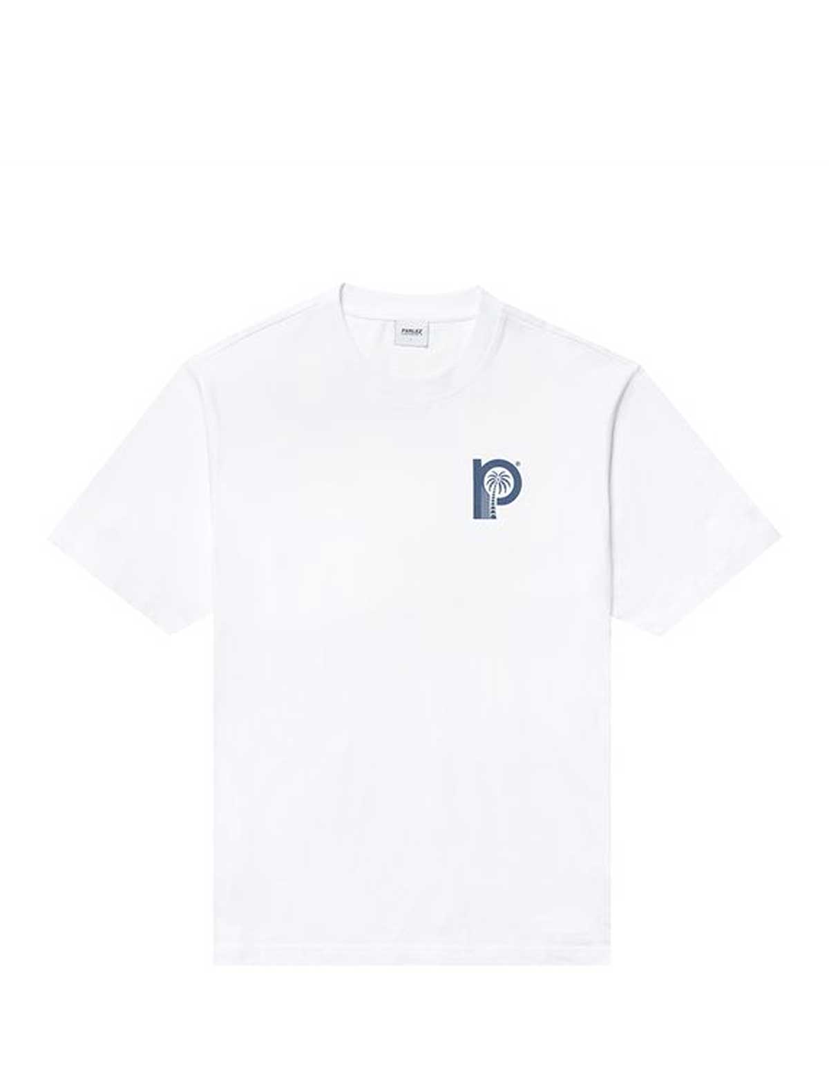 parlez delray White t-shirt with a blue logo on a white background