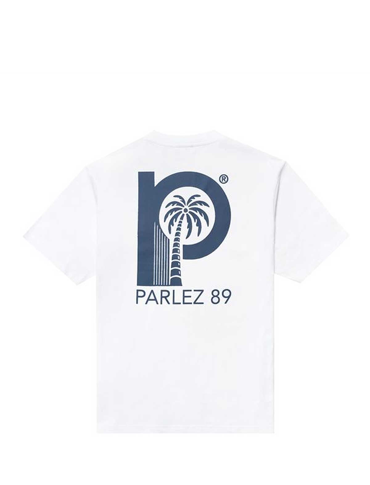 parlez delray White t-shirt with Parlez 89 logo on a white background