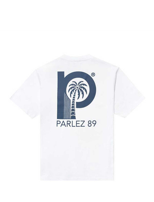 parlez delray White t-shirt with Parlez 89 logo on a white background