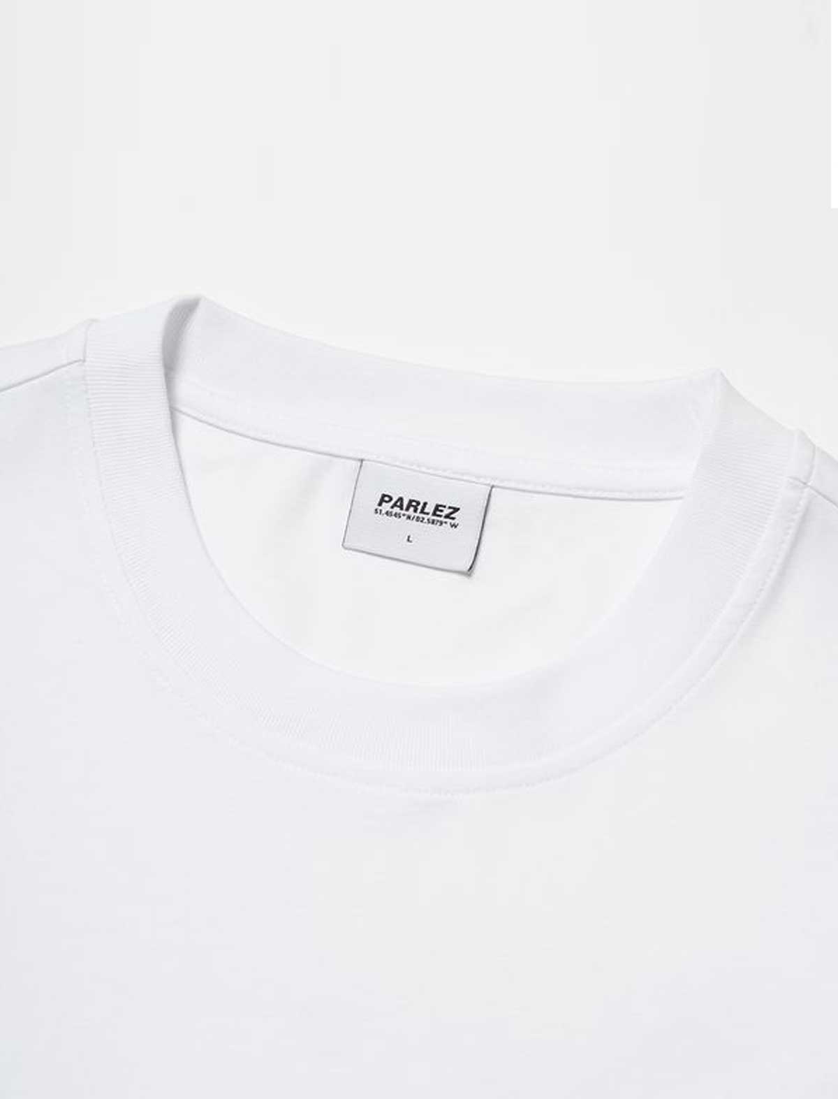 White t-shirt with a visible brand label on a white background
