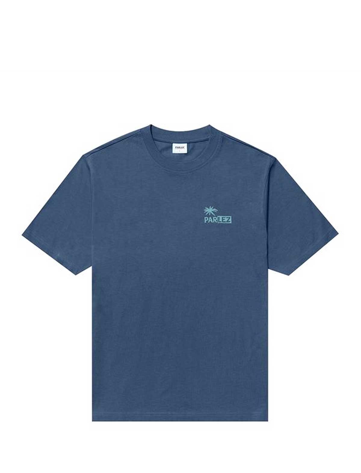 parlez destin Blue t-shirt with a logo on a white background
