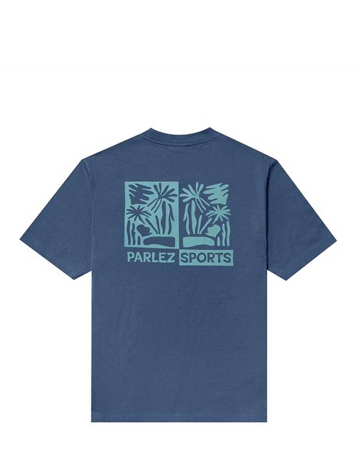 parlez destin Blue t-shirt with Parlez Sports logo on a white background