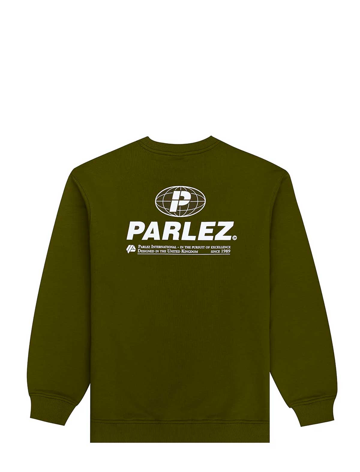 Green sweatshirt with Parlez logo on the back against a white background