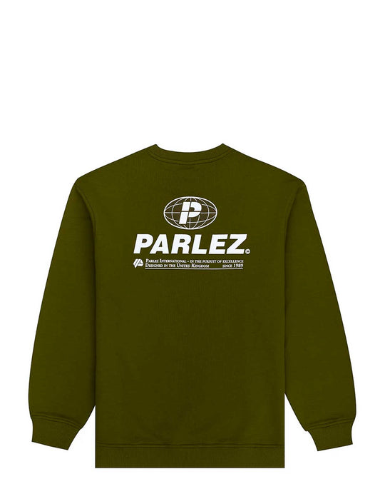 Green sweatshirt with Parlez logo on the back against a white background