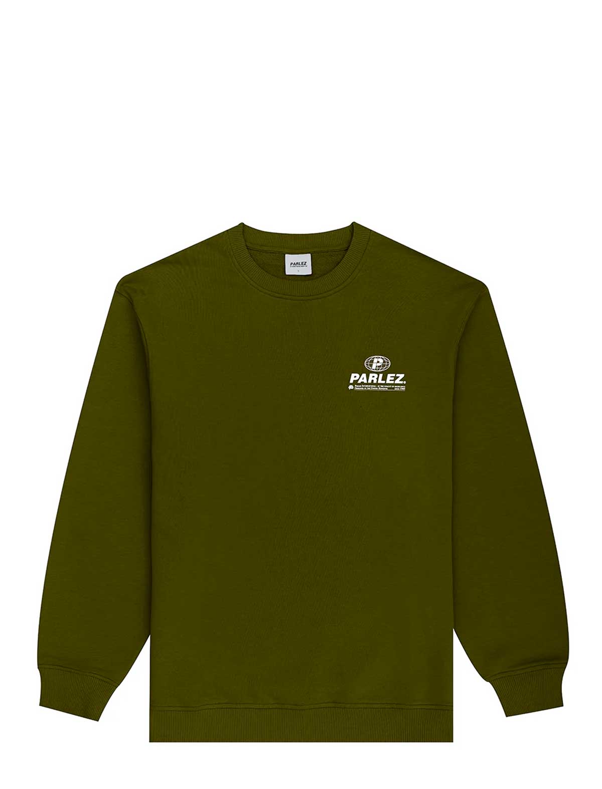 Green sweatshirt with a small logo on the chest against a white background