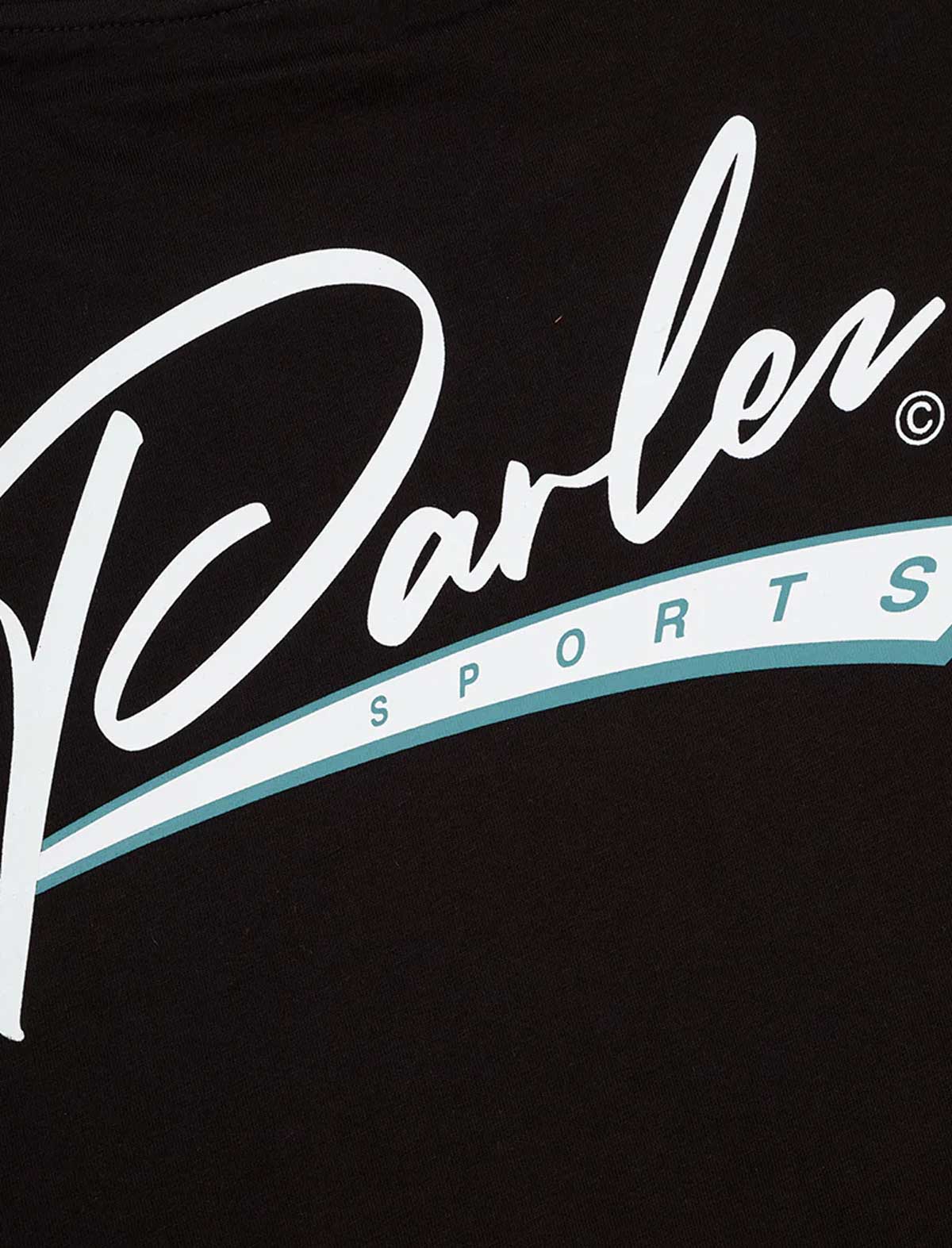 Black shirt with white and teal 'Parley Sports' logo