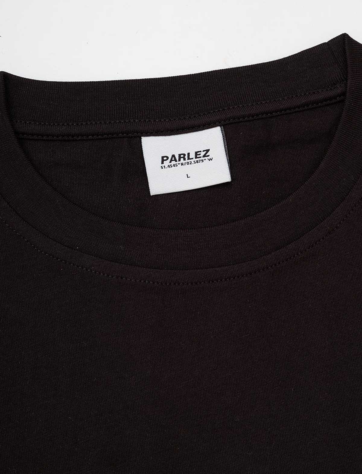 Black t-shirt with a visible Parlez brand label on a white background