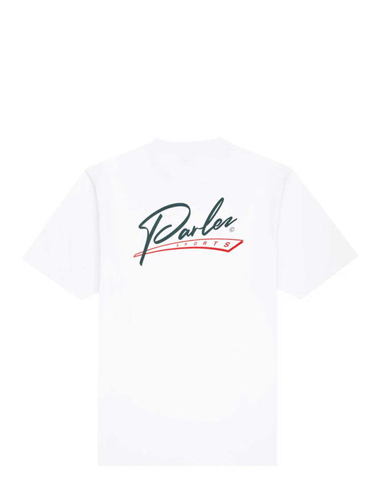 Parlez Inning T-Shirt in White Back print on a plain background