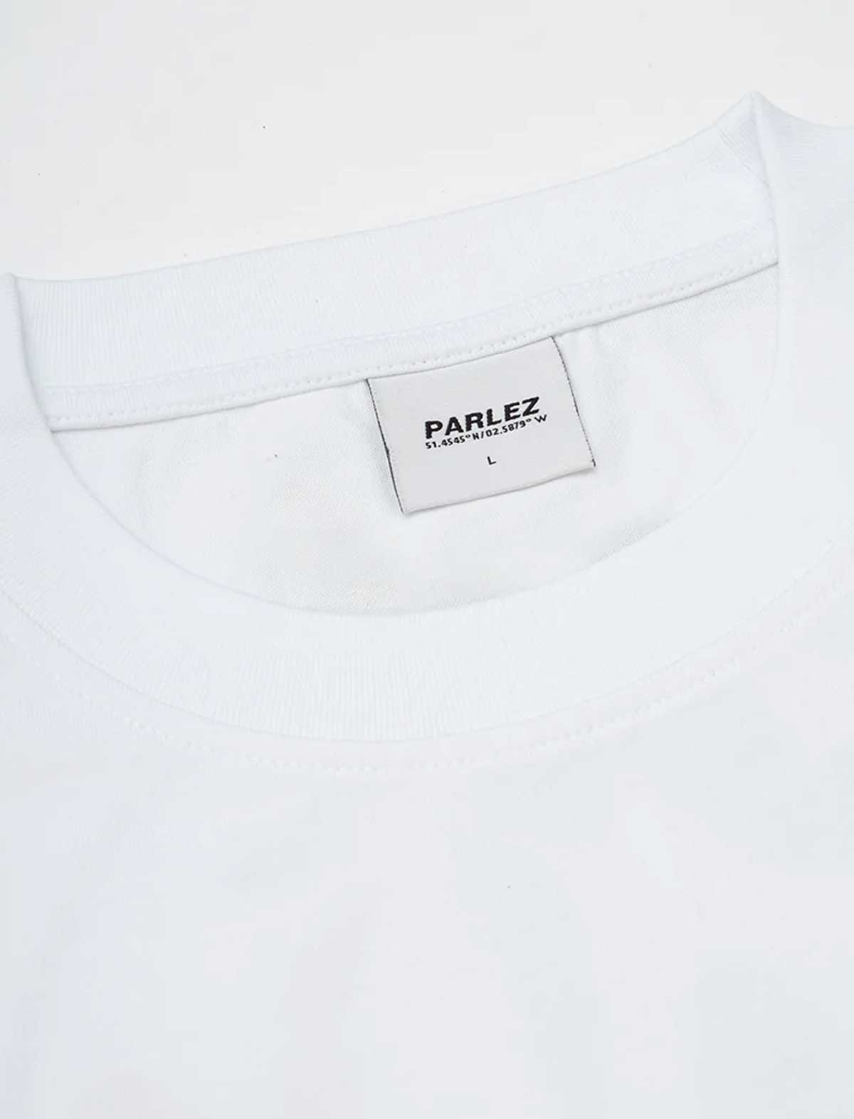 White t-shirt with a PARLEZ label on a white background