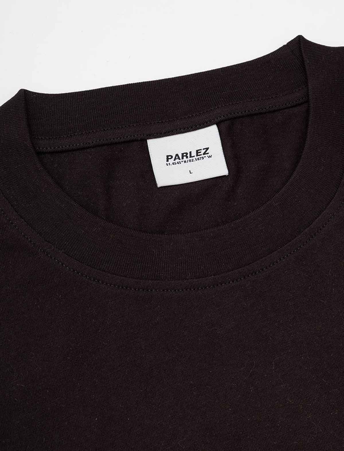 Black t-shirt with a visible Parlez label on a white background