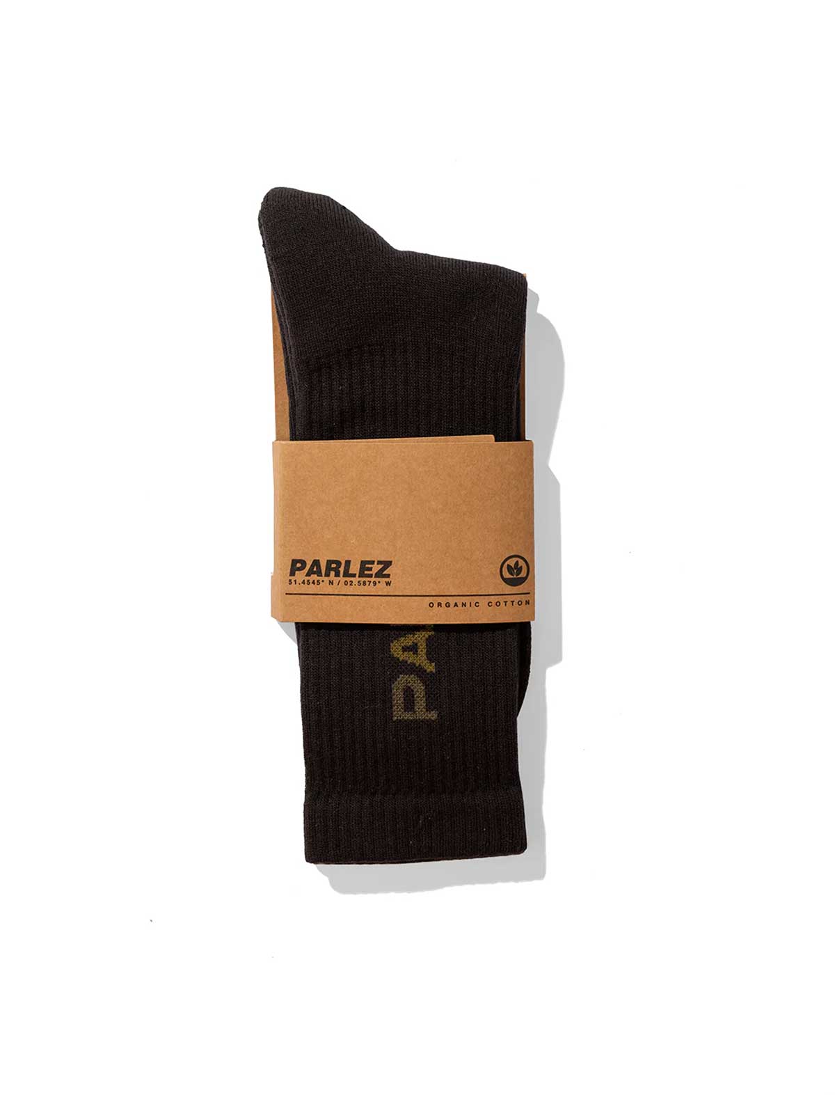 Black sock with a tan Parlez label on a white background