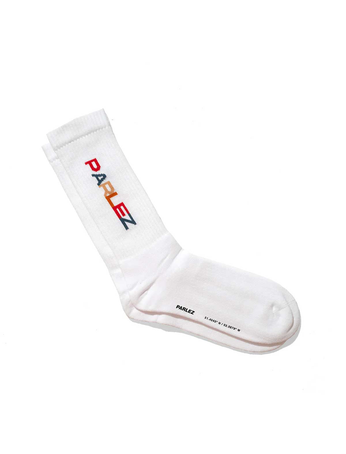 White sock with colorful parlez branding on a white background