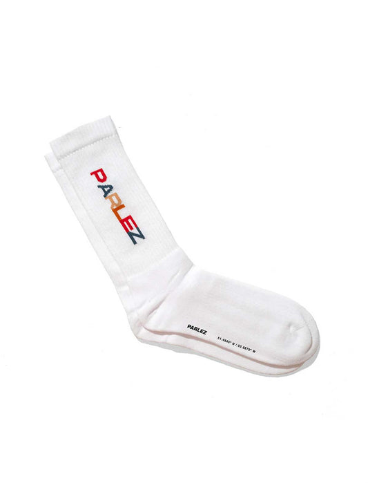 White sock with colorful parlez branding on a white background