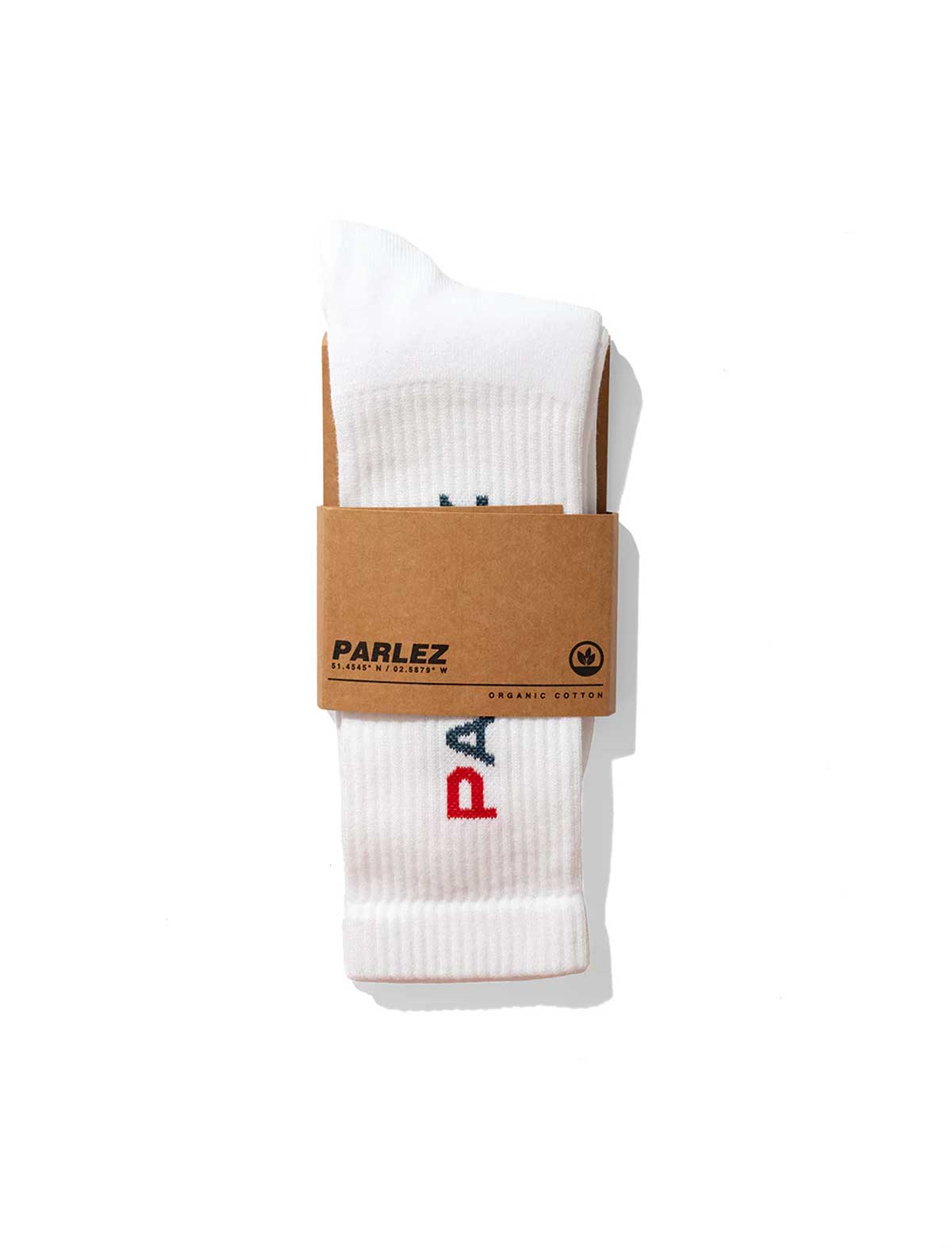 White socks with a brown PARLEZ packaging on a white background