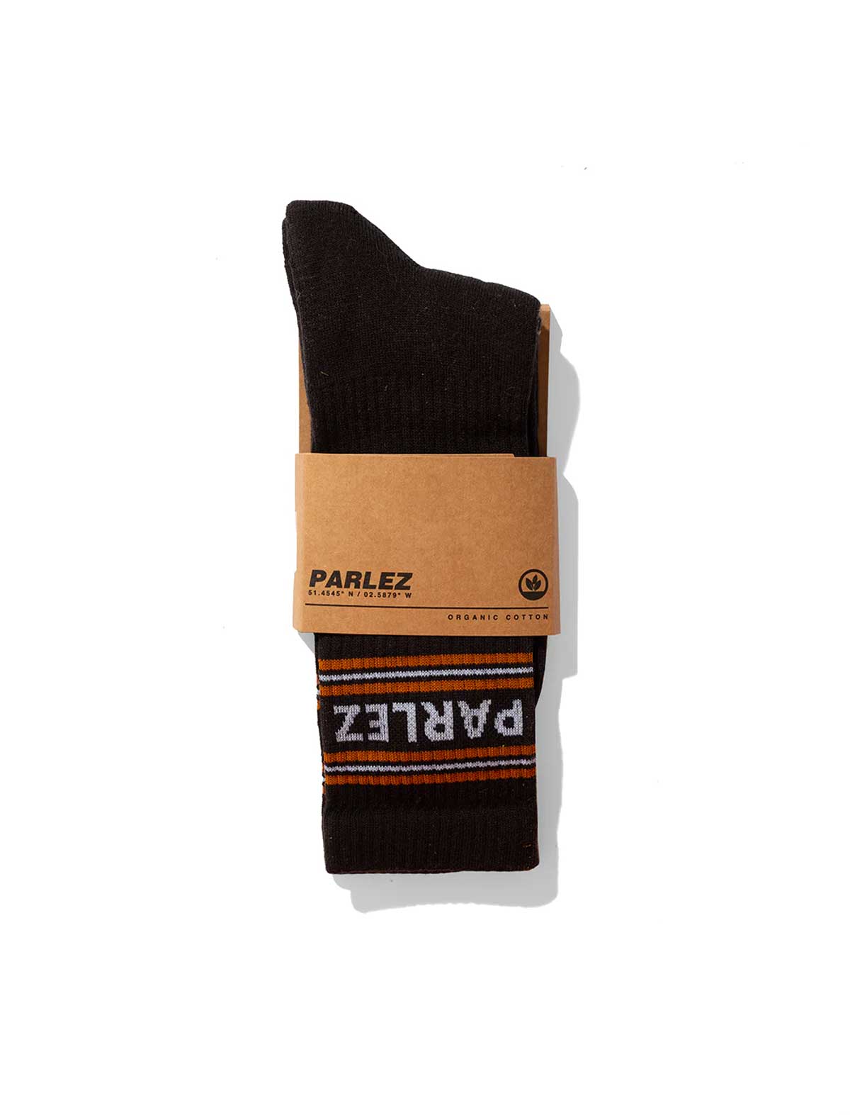 Black sock with brown stripes and 'Parlez' branding on a white background