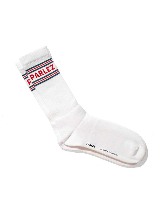 White sock with red and blue striped band and 'Parlez' branding on a white background