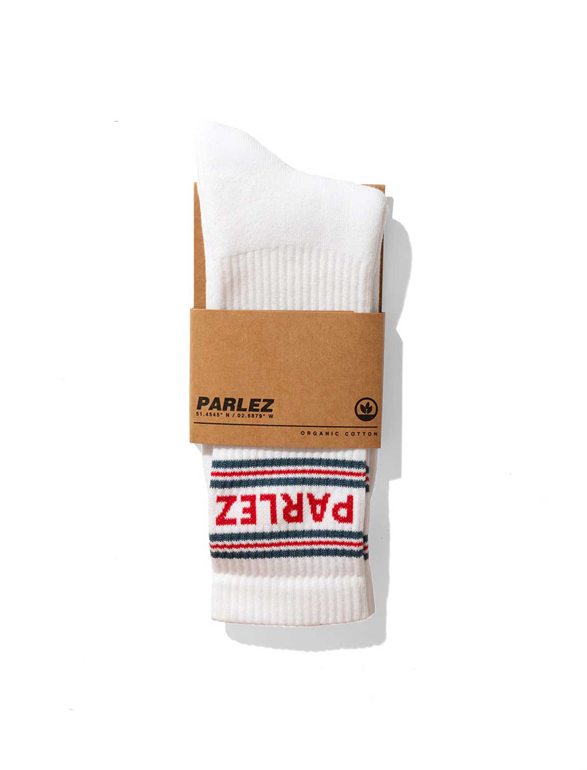 White socks with red and blue striped pattern in Parlez packaging on a white background