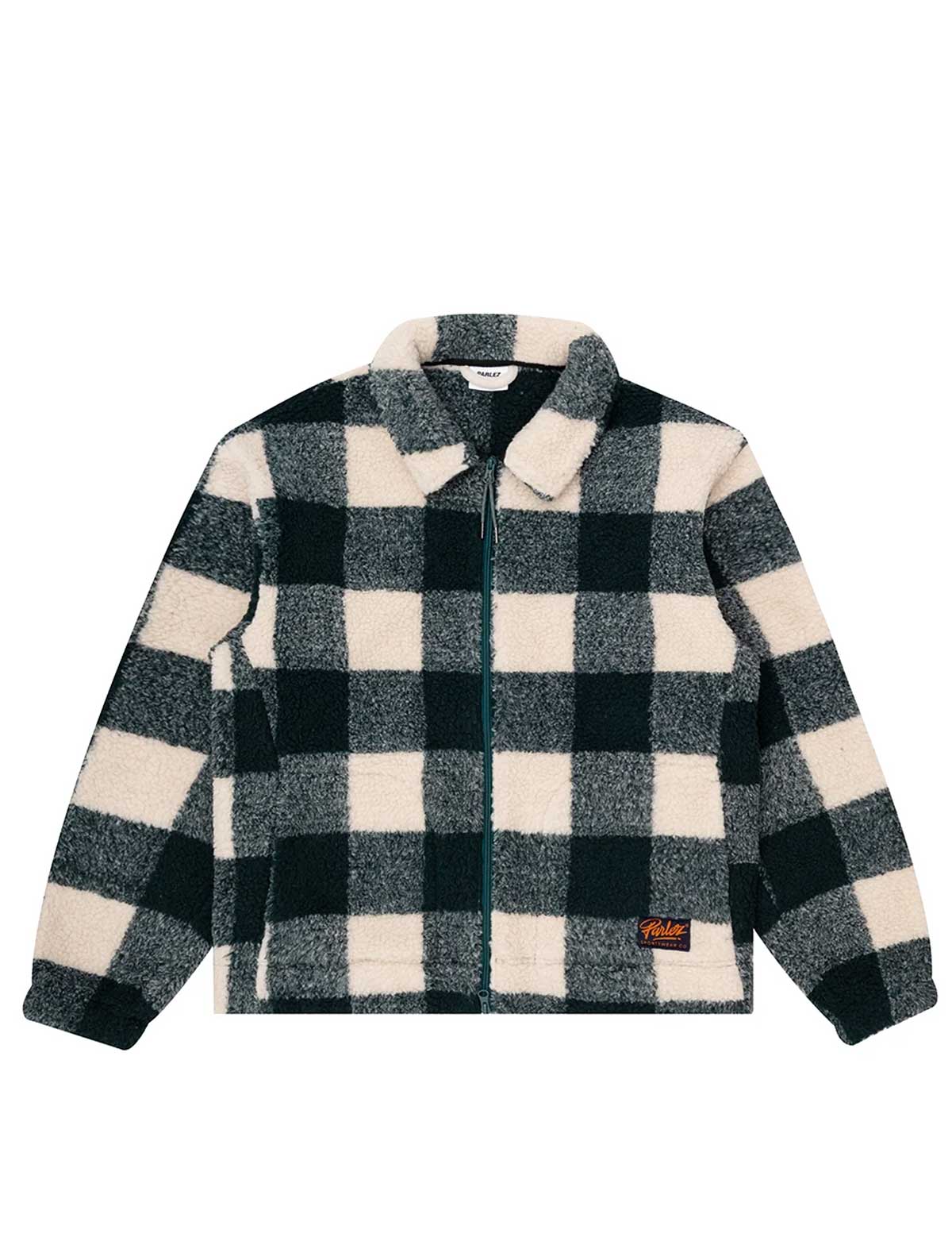 Close-up of the Parlez Province Check Sherpa Fleece Jacket in Deep Green, showing the spread collar and zip placket with a woven Parlez tab, in a green and cream buffalo check sherpa fleece.