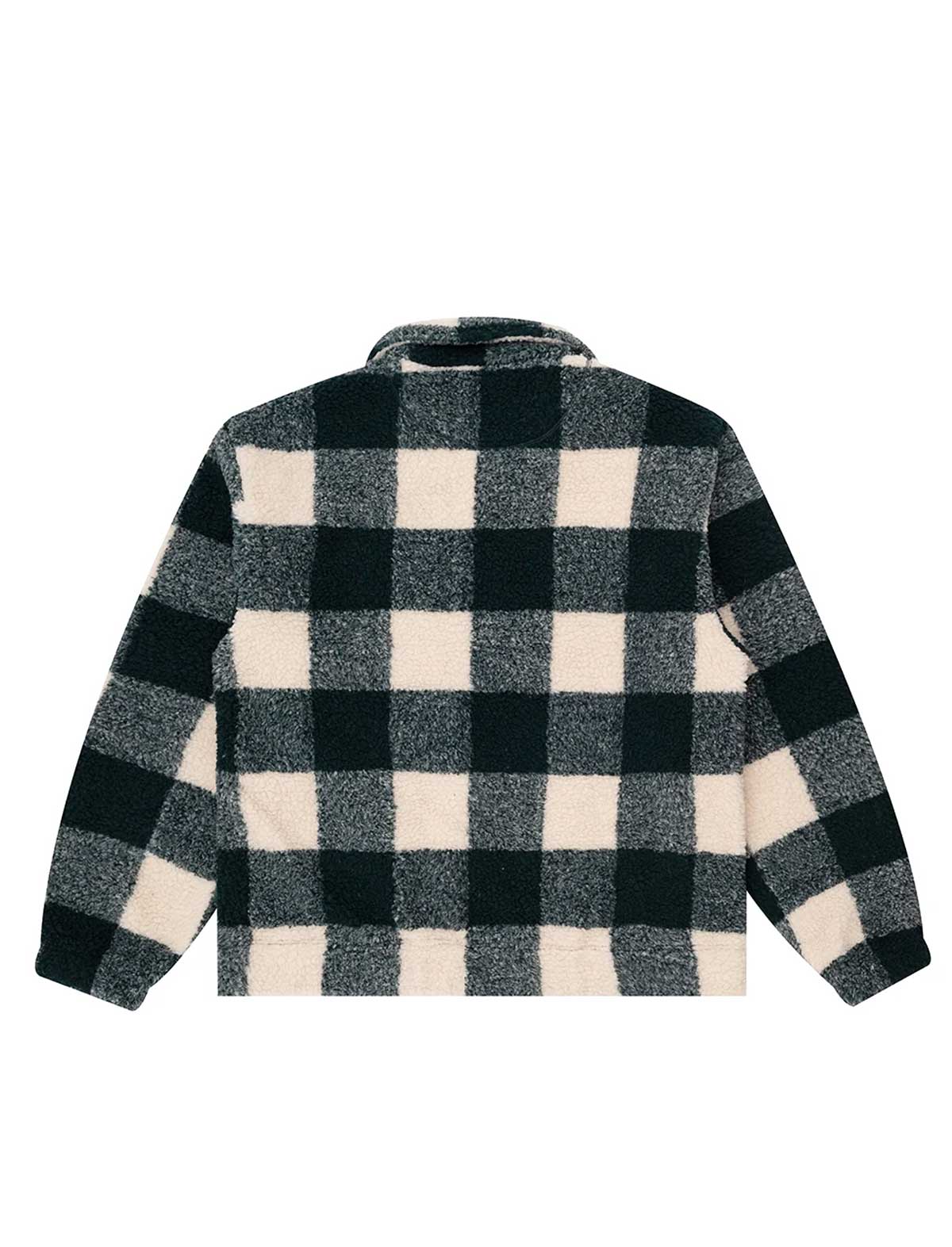 The Parlez Province Check Sherpa Fleece Jacket in Deep Green, full front view, in a green and cream buffalo check sherpa fleece with a zip-front spread collar.