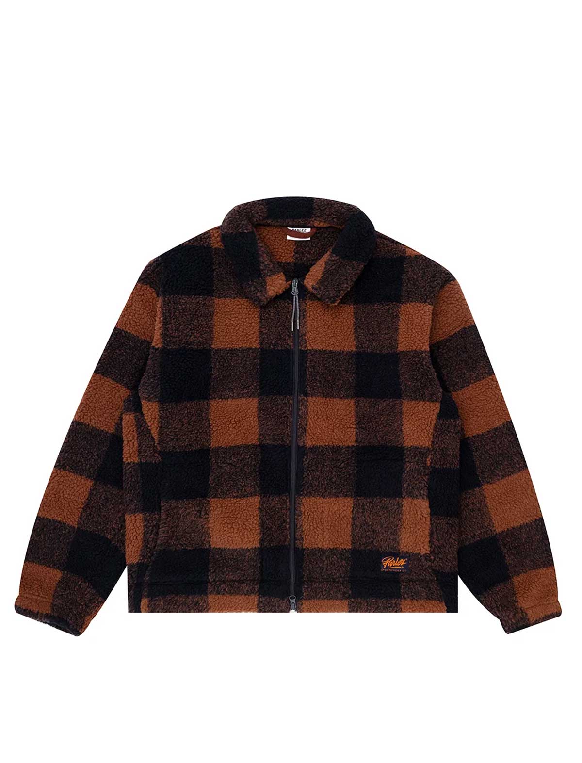 A Parlez fleece zip-up jacket with a brown and black buffalo plaid pattern, shown flat on a white background.