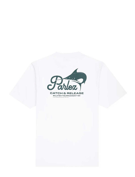 White t-shirt with Parlez logo and text on a white background