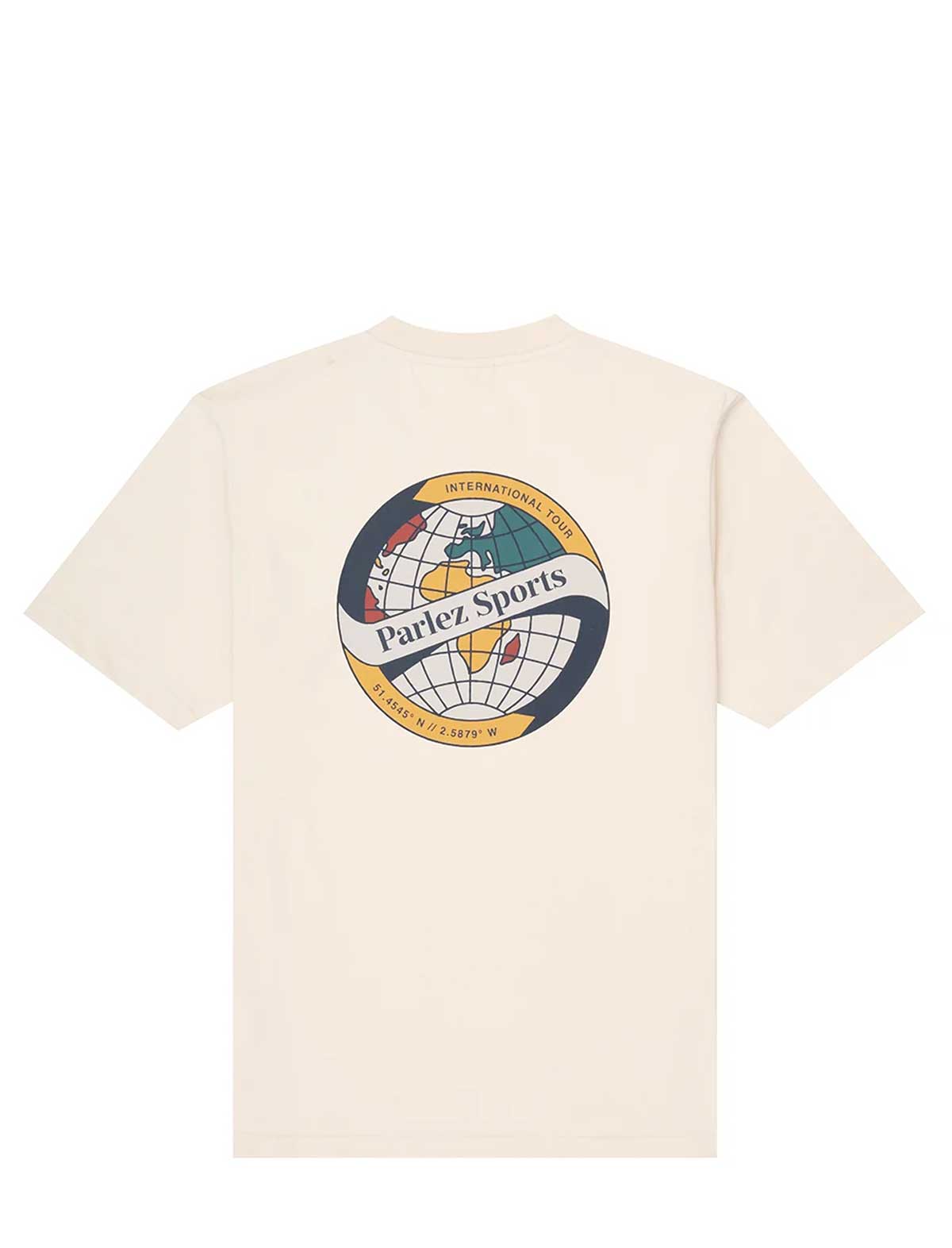 An off-white short-sleeve t-shirt with a large circular Parlez Sports graphic printed on the back, set against a solid white background.