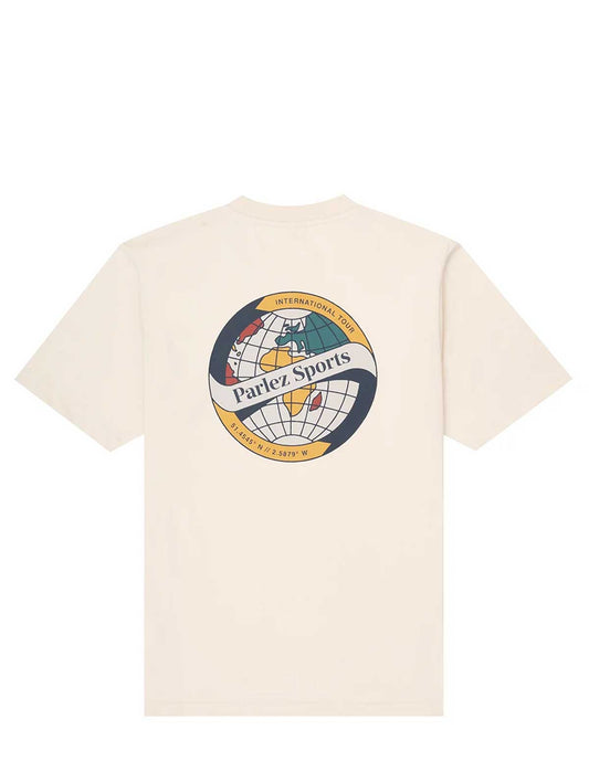 An off-white short-sleeve t-shirt with a large circular Parlez Sports graphic printed on the back, set against a solid white background.