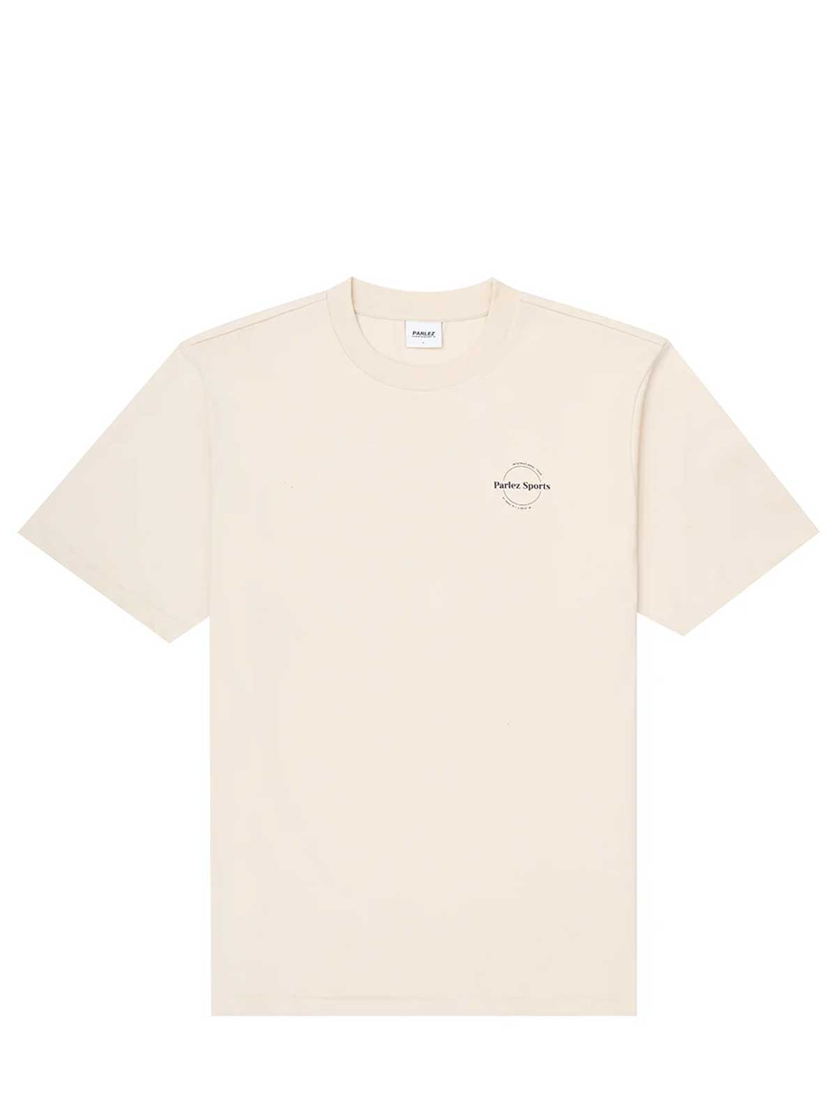 A cream-colored short-sleeve t-shirt with a small black circular logo on the left chest, displayed flat against a solid white background.