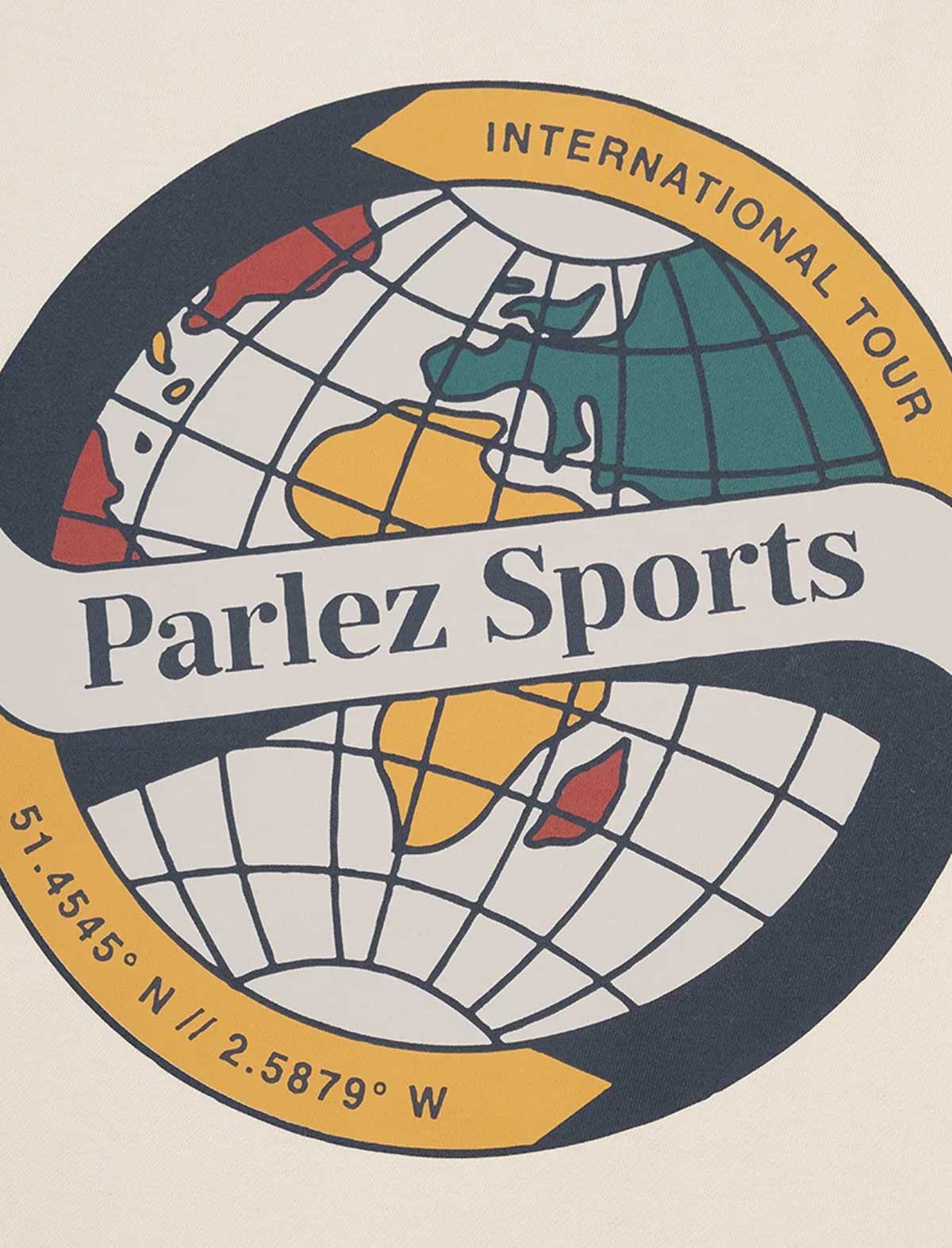 A circular vintage-style Parlez Sports logo graphic on a light beige background, featuring a stylized globe with yellow, teal, red, and white landmasses, dark navy curved borders, and a white banner reading 'Parlez Sports' with 'International Tour' above and coordinates below.