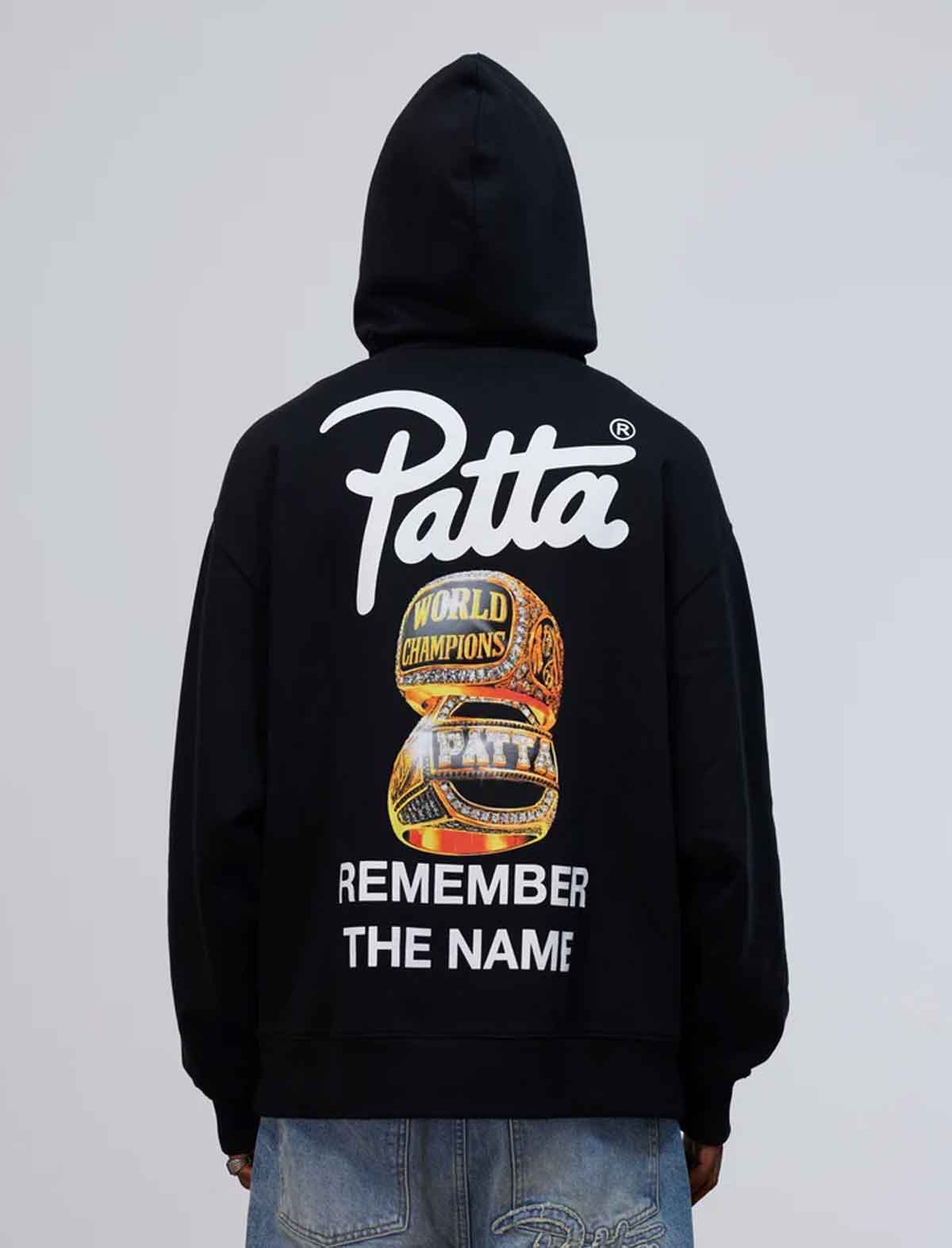 Patta Championship Hoodie Black with white chest logo and kangaroo pocket