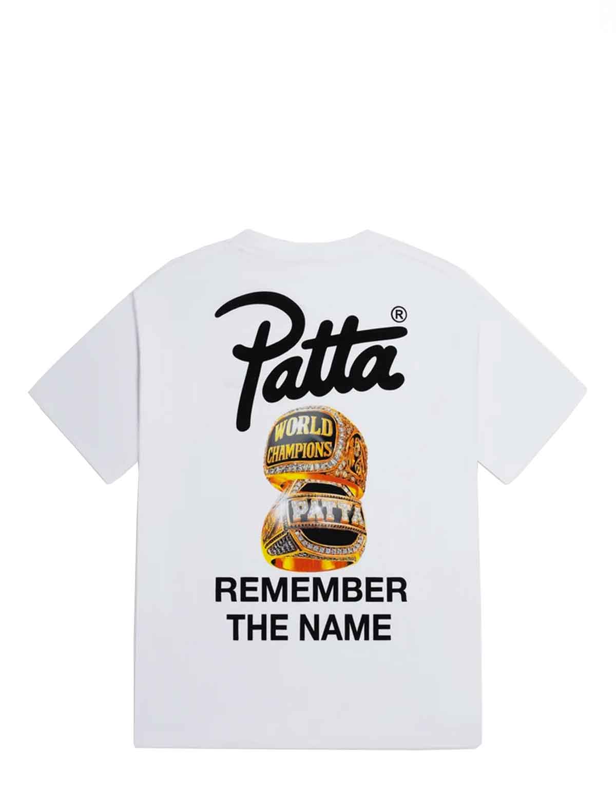 White Patta Championship T-Shirt back with large Patta logo, gold championship ring graphic and Remember The Name text