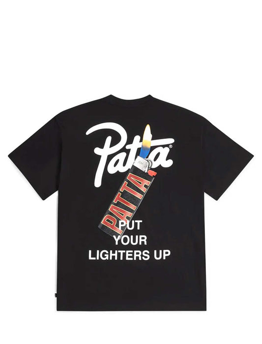 Patta Lighters Black t-shirt with colorful graphic and text on a white background