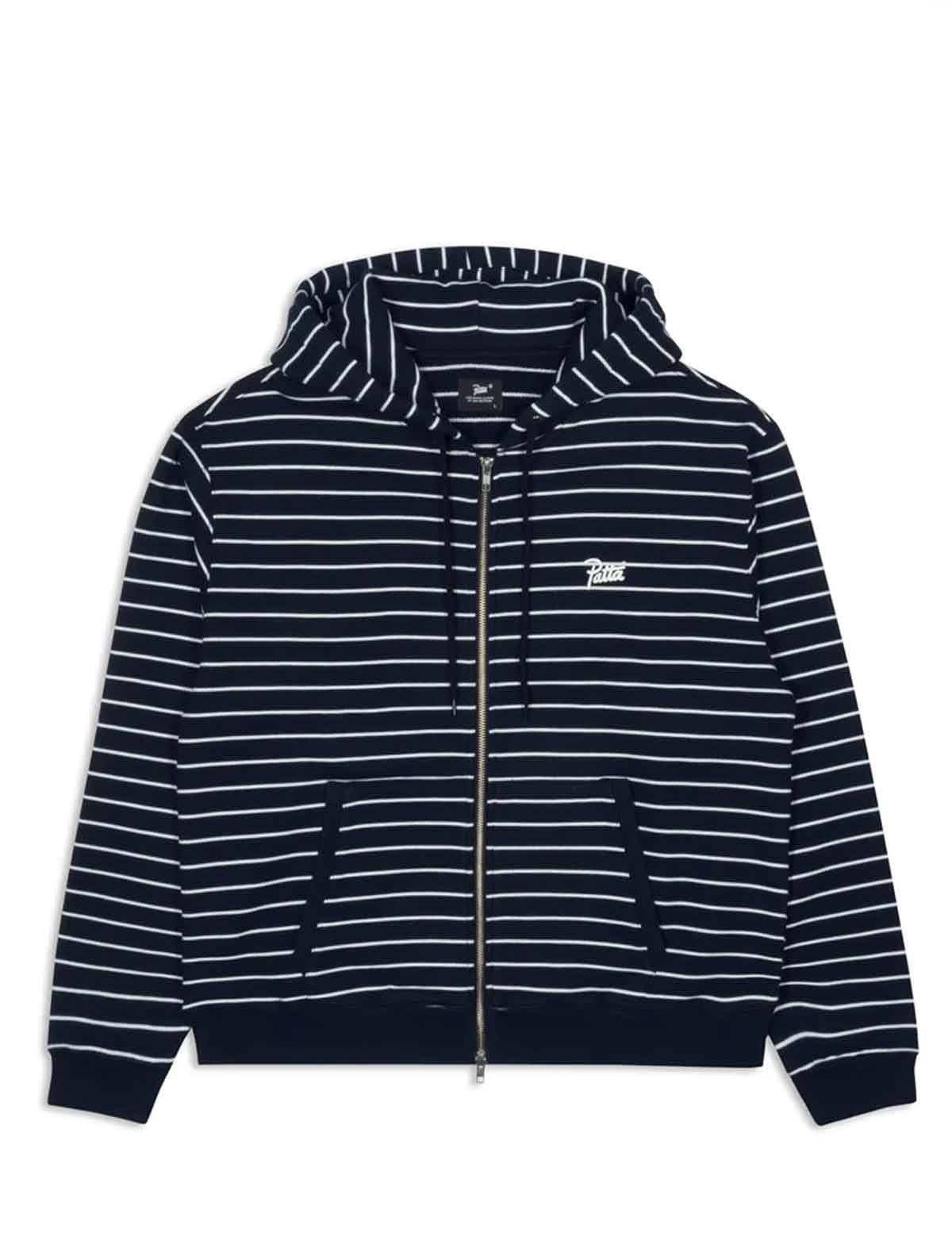 Patta Striped Zip Hooded Sweater in Black Iris, in store at Patina Leicester