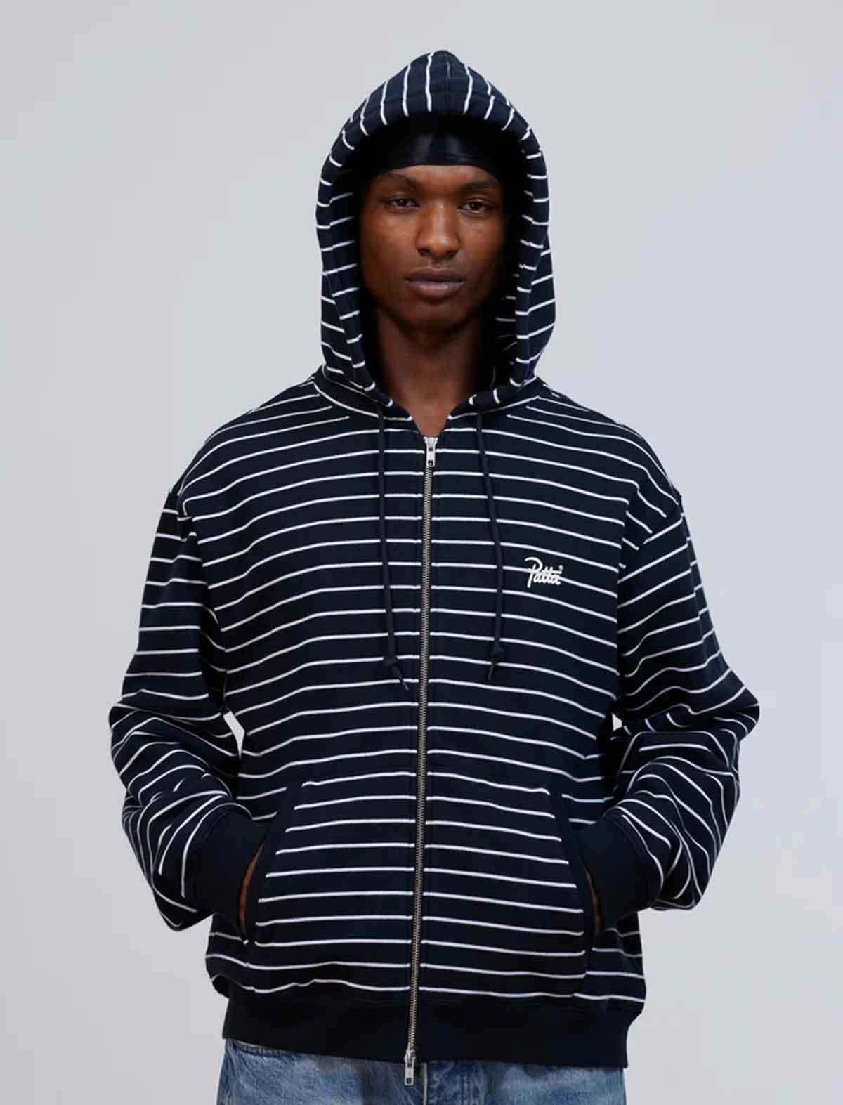 Patta Striped Zip Hoodie Black Iris, 550gsm cotton loopback