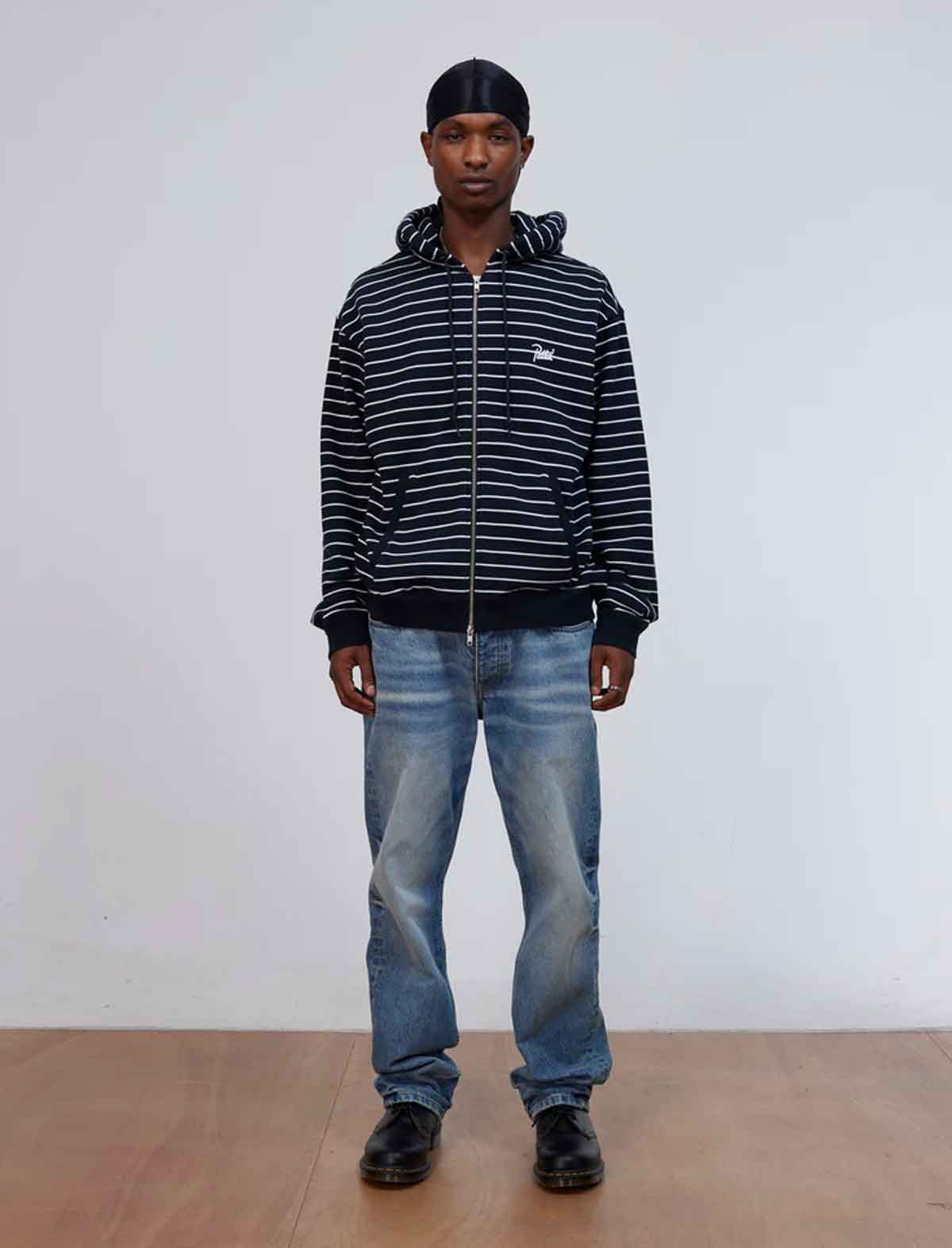 Patta Striped Zip Hooded Sweater white stripe detail
