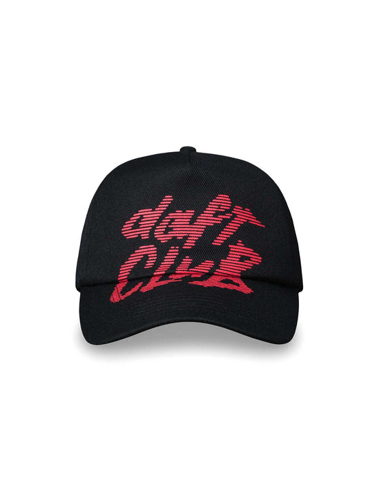 Pleasures x Daft Punk Black cap with red 'daft club' text on a white background