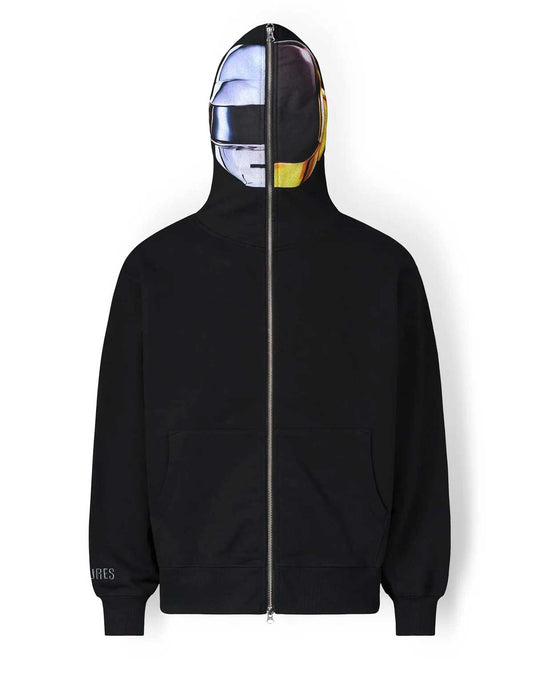 Pleasures x Daft Punk Ram Zip Black hoodie with a zipper on a white background