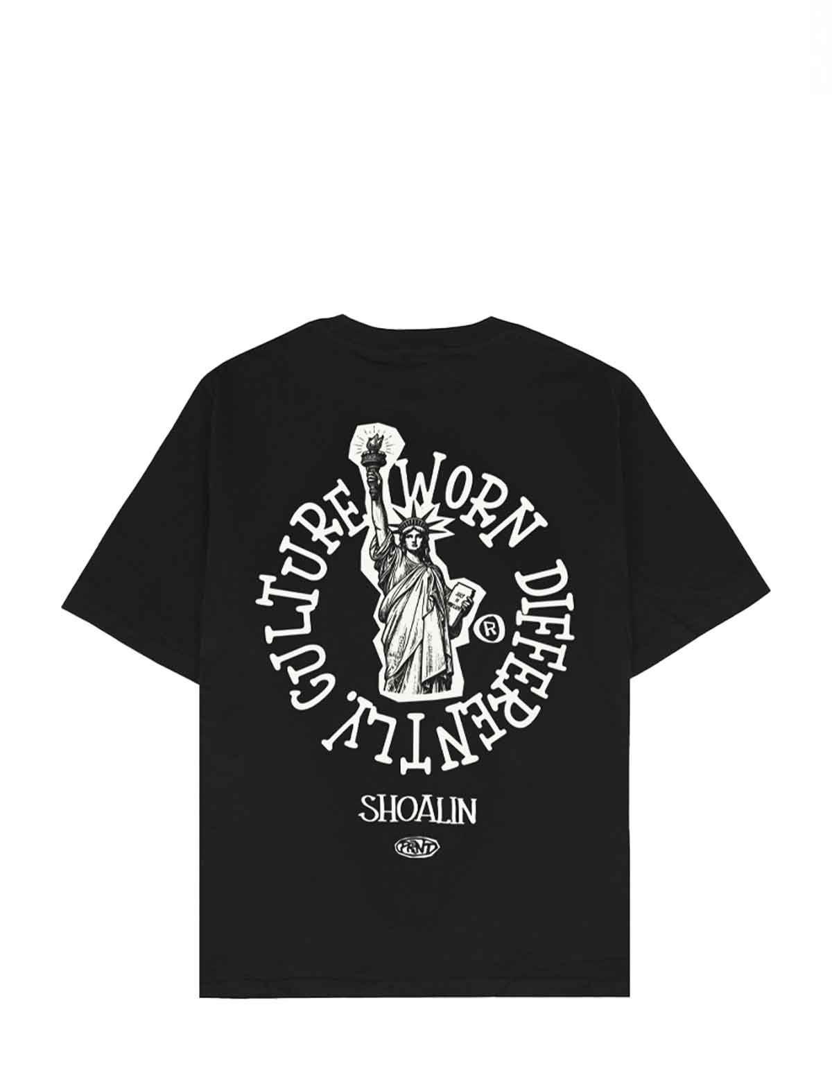 A black short-sleeve t-shirt with a large white graphic print on the front. The graphic features the Statue of Liberty in the center, surrounded by the text 'CULTURE WORN DIFFERENTLY' and 'SHOALIN' printed below.