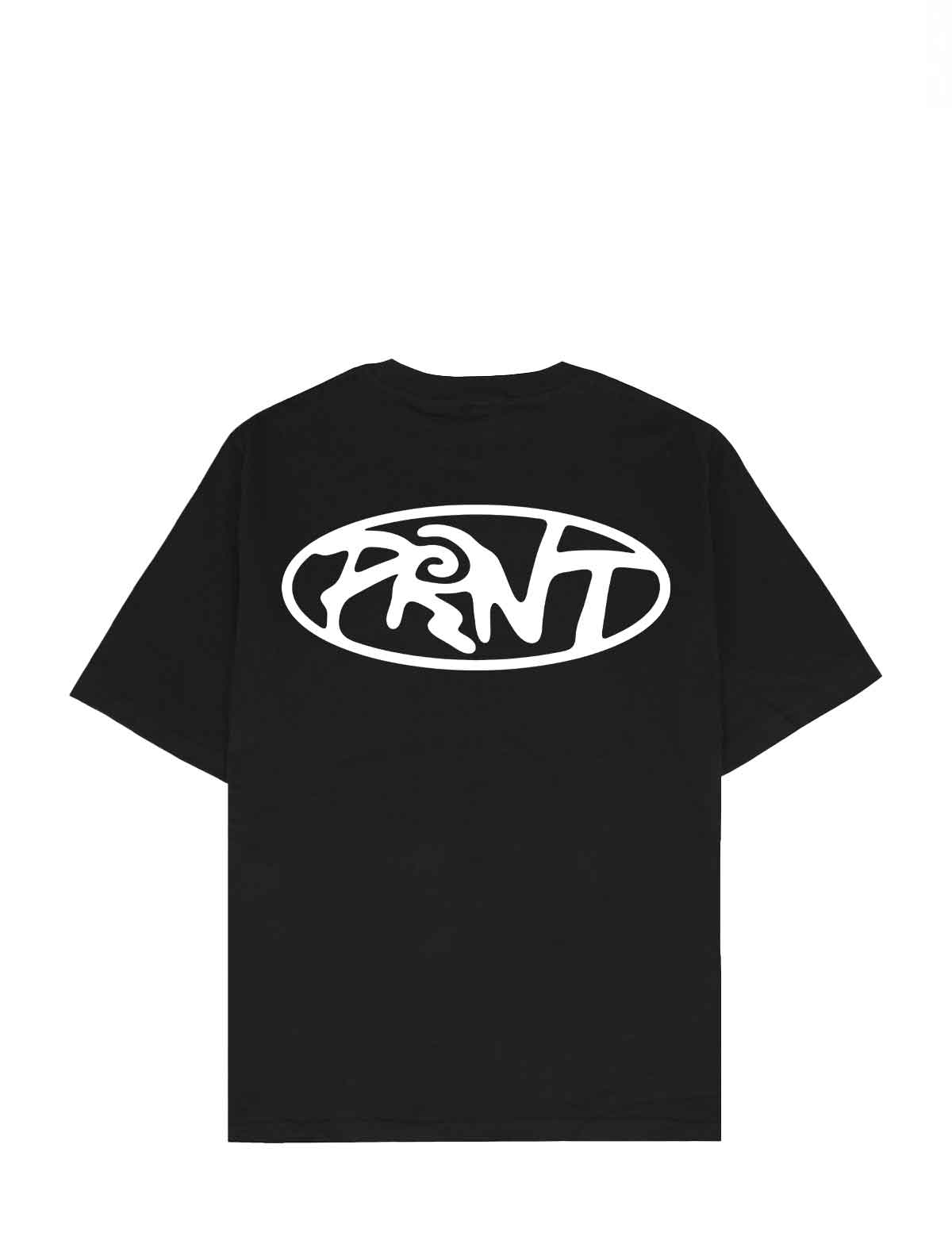 A black short-sleeve t-shirt with a large white oval graphic on the chest featuring the stylized text 'PRNT'.