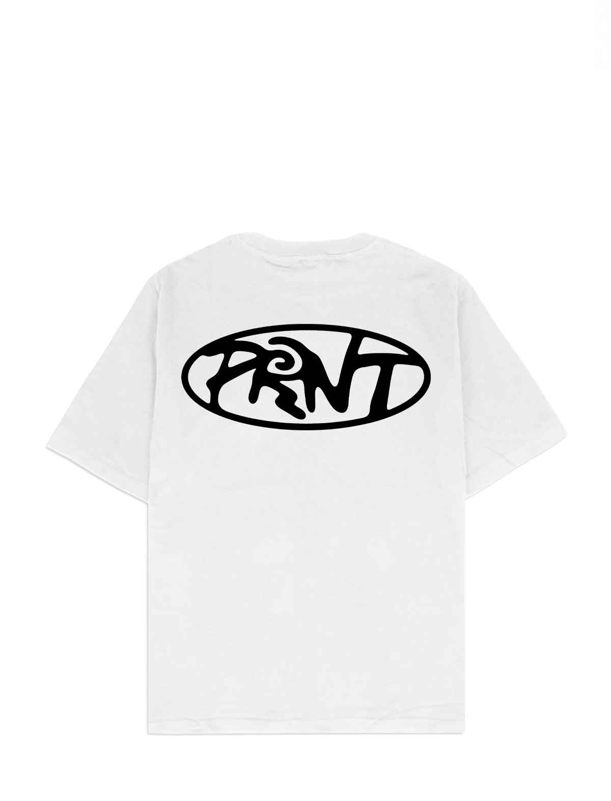 A white short-sleeve t-shirt with a large black oval 'PRNT' logo printed across the chest, displayed against a solid white background.