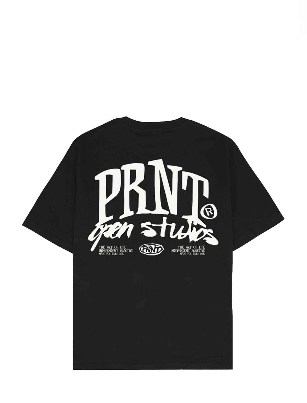 A black short-sleeve t-shirt with a large white graphic print on the back reading 'PRNT open studios' and smaller text below, shown against a plain white background.
