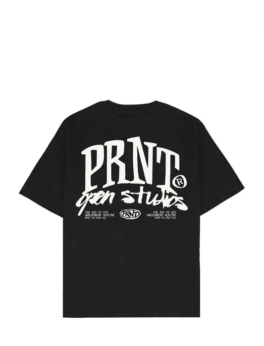 A black short-sleeve t-shirt with a large white graphic print on the back reading 'PRNT open studios' and smaller text below, shown against a plain white background.