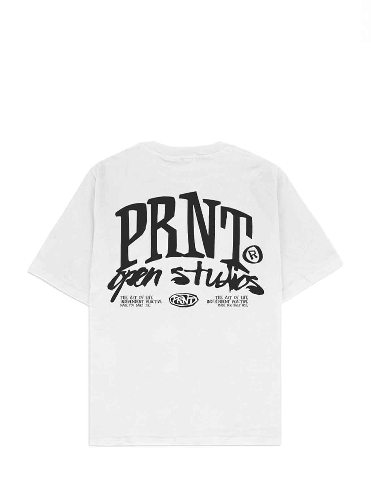 A white short-sleeve t-shirt shown from the back, featuring a large black graphic print that reads 'PRNT open studios' with smaller text below, displayed on a clean white background.