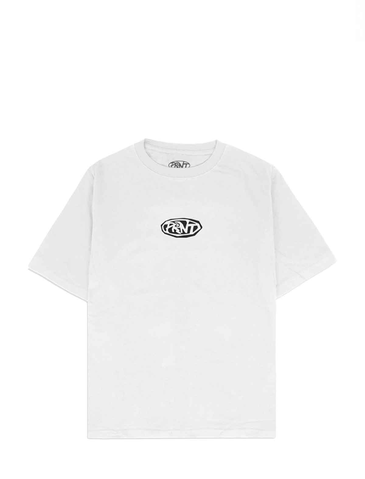 A white short-sleeve crewneck t-shirt with a black oval 'RRNT' logo printed on the center chest, displayed flat against a solid white background.