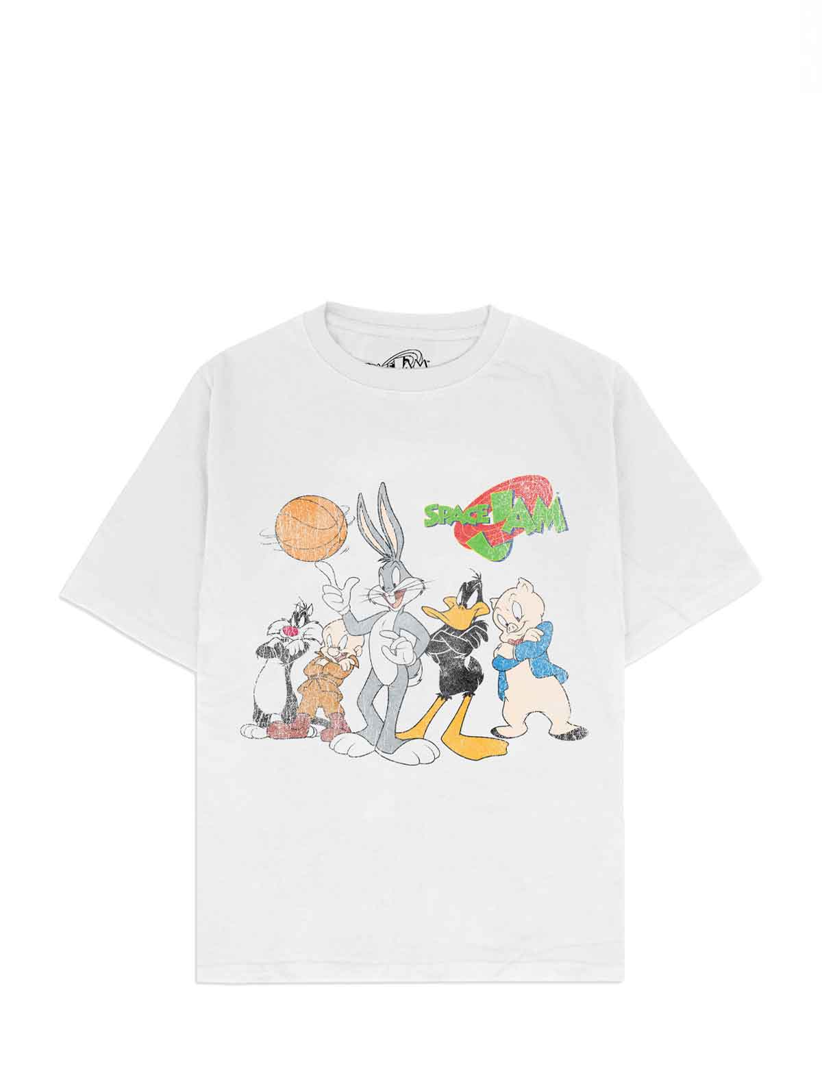 A white short-sleeve crewneck t-shirt featuring a colorful graphic print of classic cartoon characters (Bugs Bunny, Tweety, Daffy Duck, and Wile E. Coyote) playing basketball, with the 'Space Jam' logo printed above them.
