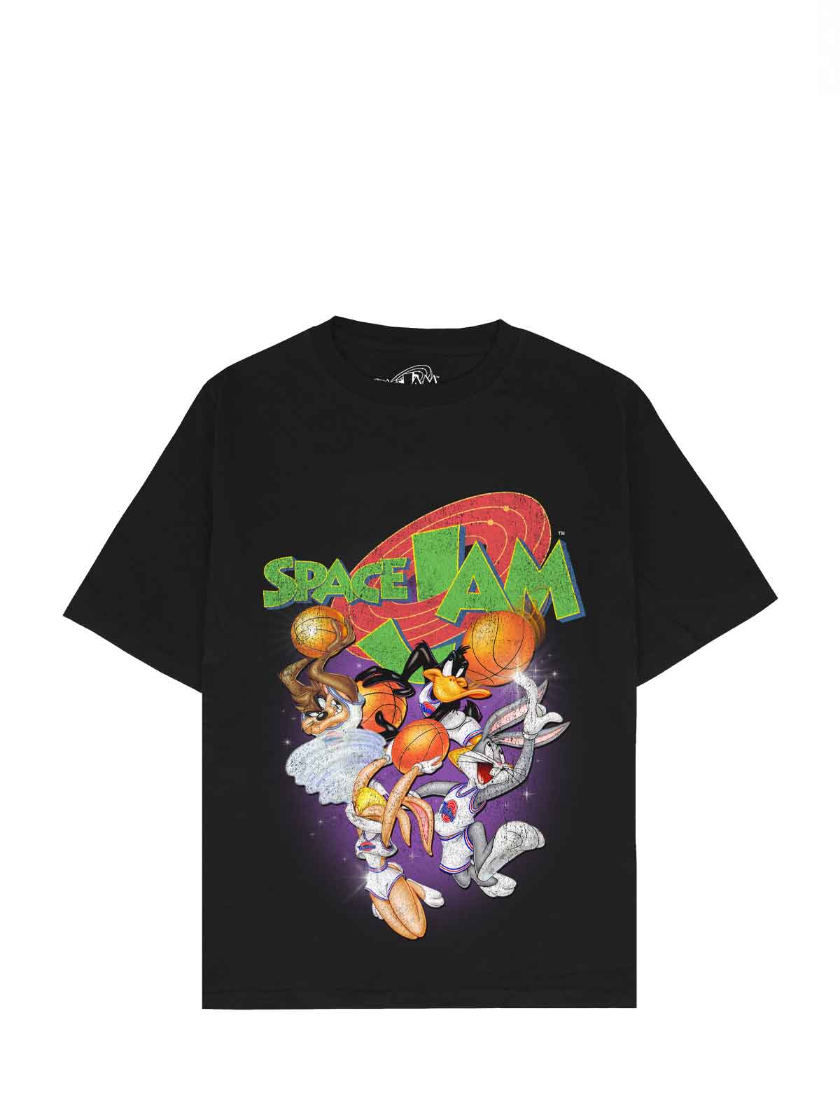 A black short-sleeve crewneck t-shirt featuring a vibrant 'Space Jam' cartoon graphic on the front, displayed against a solid white background.