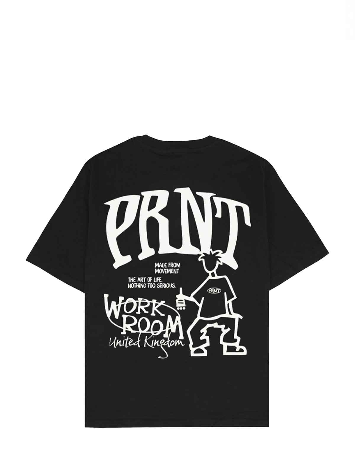 A black short-sleeve t-shirt shown from the back, featuring a large white graphic print with the word 'PRNT', smaller text, and a stylized figure on a plain white background.