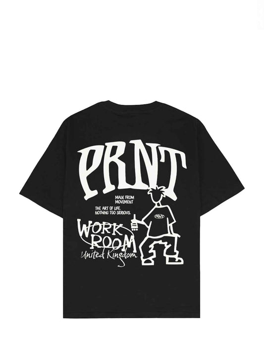 A black short-sleeve t-shirt shown from the back, featuring a large white graphic print with the word 'PRNT', smaller text, and a stylized figure on a plain white background.