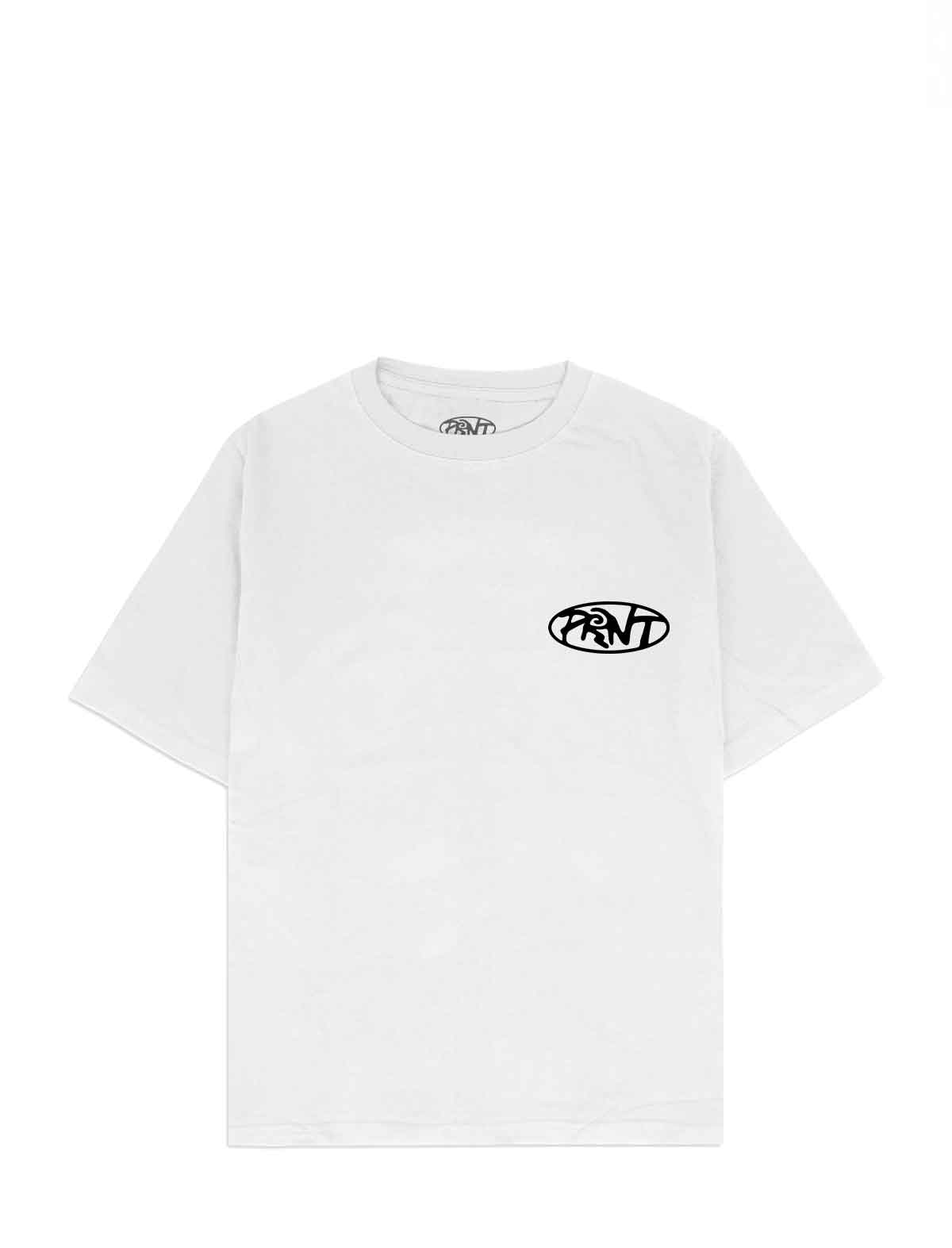 A white short-sleeve crewneck t-shirt with a black oval PRNT logo printed on the left chest, displayed flat against a solid white background.