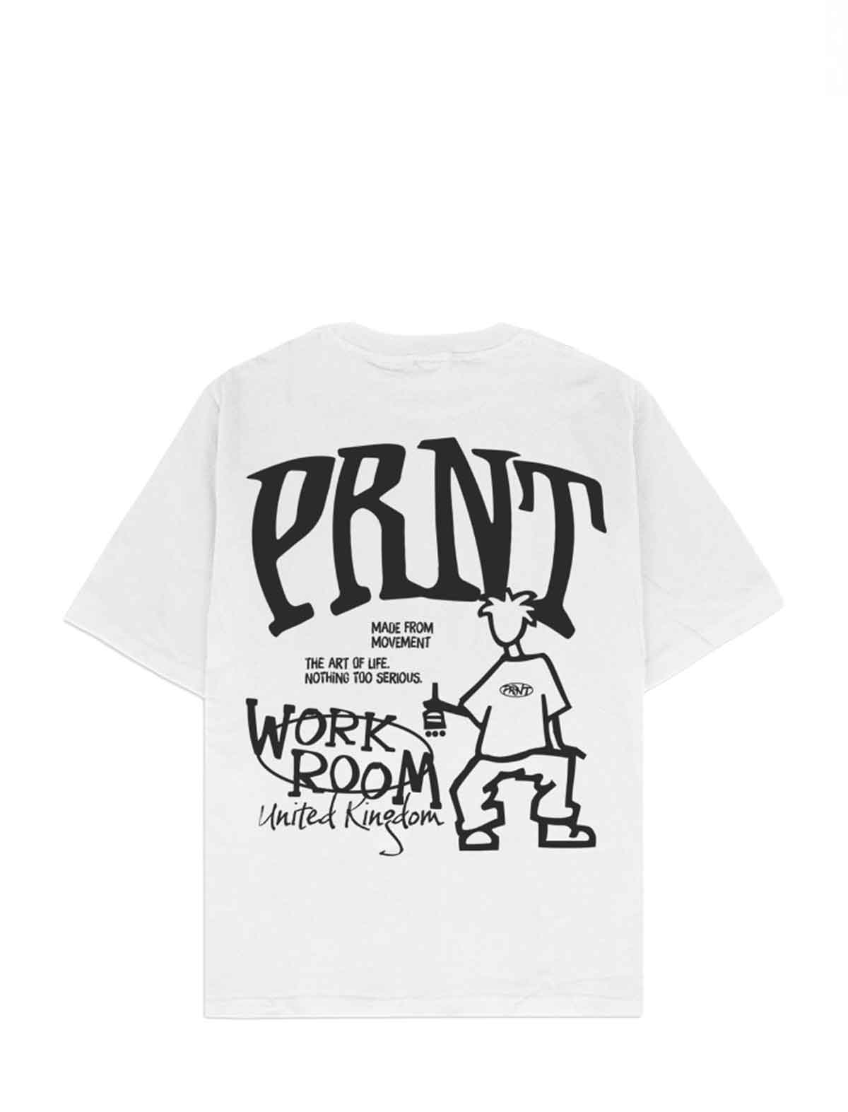 A white short-sleeve t-shirt with a large black graphic print on the back, featuring the word 'PRNT' in a bold stylized font, 'WORK ROOM United Kingdom' in script, and a hand-drawn figure.